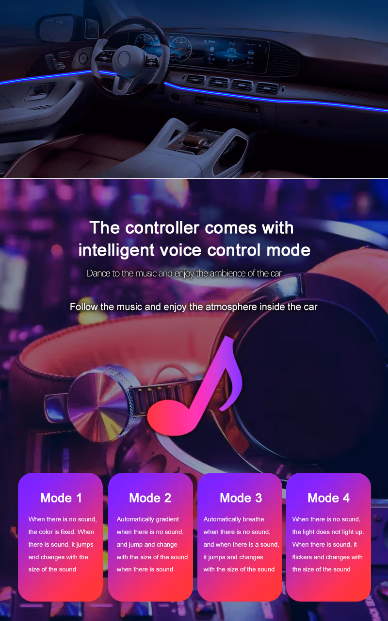 Neon car interior ambient light strip music mode colorful lighting